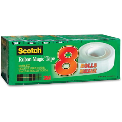 Scotch Invisible Magic Tape Boxed Refill Roll - 27.8 yd (25.4 m) Length x 0.75" (19 mm) Width - Transparent - Permanent Adhesive Backing - Split Resistant, Tear Resistant, Yellowing Resistant - For Mending, Splicing - 8 / Pack  