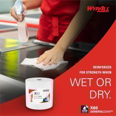 Wypall - Nettoyant tout usage 34955 - longueur de 12,20 po (309,88 mm) x largeur de 12,40 po (314,96 mm) - Absorbant, Léger, Résistant aux solvants, Résistance à l'humidité, Sans résidus - Blanc - 1100 / Rouleau  RL.  JUMBO  1100 CT  12-1/2''  X 13-2/5''  BLANC D
