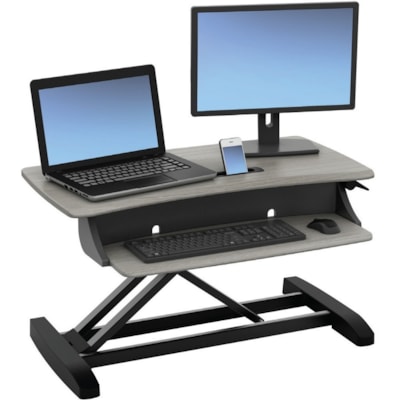 Ergotron WorkFit-Z Mini Sit-Stand Desktop - Wood Grain Rectangle, Dove Gray Top - 25 lb (11.34 kg) Capacity - 15.8" (401.32 mm) Table Top Length x 31" (787.40 mm) Table Top Width - 12.5" (317.50 mm) Height Mini Sit-Stand Desktop Worksta tion - 31 wide x 21