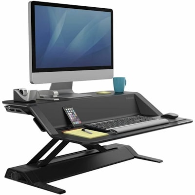 Fellowes Lotus Multipurpose Desktop Riser - 35 lb (15875.73 g) Load Capacity - 5.50" (139.70 mm) Height x 32.70" (830.58 mm) Width x 24.20" (614.68 mm) Depth - Desk - Plastic, Steel - Black - For Workstation, Tablet, Smartphone, Accessories, Keyboard - Sit-stand, Ergonomic Handle, Cable Management  Workstation 