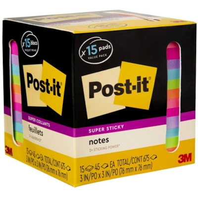Post-it® Super Sticky Notes - 15 - 3" (76.20 mm) Flag/Note Width x 3" (76.20 mm) Flag/Note Length - Square - 45 Sheets per Pad - Neon Orange, Tropical Pink, Power Pink, Iris, Blue Paradise, Neon Green Limeade - Adhesive, Recyclable - 15 / Pack 654-15SSCP  ASSORTED COLORS 3 IN X 3 IN CABINET PACK