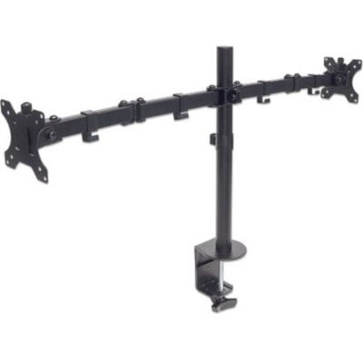 Manhattan TV & Monitor Mount, Desk, Full Motion, 2 Screens, Screen Sizes: 10-27" , Black, Clamp Assembly, Dual Screen, VESA 75x75 to 100x100mm, Max 8kg (each), Lifetime Warranty - Holds Two 13" to 32" LCD Monitors up to 8 kg (17 lbs.), Black, packaging type: retail box or Mount with Double-Link Swin g Arms Holds Two 13i