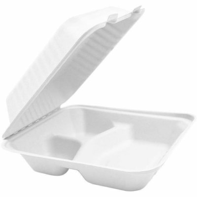 Globe - Boîte de stockage 6016 - Alimentaire, Stockage des aliments - Jetable - Adapté au micro-ondes - Oven Safe - Blanc - Fibre de canne à sucre, Bagasse Corps - 200 / Étui 9 X 9 PO  COUVERCLE ARTICULÉ COMPOSTABLES