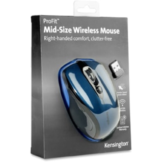 Kensington Pro Fit Mid-Size Wireless Mouse Saphire Blue - Optical - Wireless - Radio Frequency - 2.40 GHz - Sapphire Blue - USB - 1750 dpi - Scroll Wheel - 3 Button(s) - Right-handed - 1 MID-SIZE  RIGHT-HANDED DESIGN 2.4GHZ TECHNOLOGY