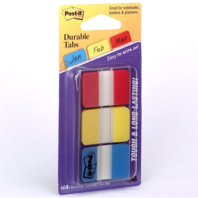 Post-it® - Onglets Durables - Inscriptibe Onglet(s) - hauteur de l'onglet 0,98 po (25 mm) x largeur de l'onglet 1 po (25,40 mm) - Autocollant, Amovible - Tab(s) Rouge, Jaune, Bleu, Néon - Résistant à l'usure, Résistant aux déchirures, Résistants, Inscripti POST-IT AMOVIBLES  JAUNE/ROUGE /BLEU-22 PAR COUL. 66 AU TOTAL