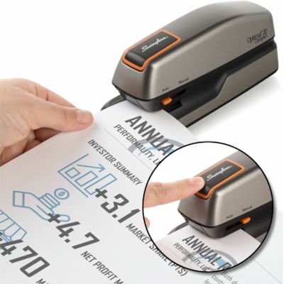 Swingline Optima Grip Electric Stapler - Staples Upto 20 Sheet of 20lb Paper - Holds Upto 105 Staple - Half Strip - Staple Size: 1/4" (6.35 mm) - 0.38" (9.53 mm) Throat Depth - 4 x AA Battery Included - Silver, Black - Plastic - 1 Each 20 SHT CAPACITY  SILVER/BLACK USES 35556 STAPLES