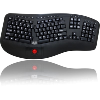 Adesso 2.4 GHz Wireless Ergonomic Trackball Keyboard - Wireless Connectivity - RF - 30 ft (9144 mm) - 2.40 GHz - USB Interface - 105 Key(s) - Next Track, Previous Track, Refresh, Search, Forward, Wake-up, Play/Pause, Volume Up, My Computer, Mute, Sleep, ... Hot Key(s) - English (US) - QWERTY Layout  s Media Ergonomic Trackball ke yboard with 20 windo