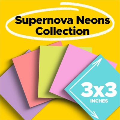 Post-it® Super Sticky Notes - Supernova Neons Color Collection - 1680 x Multicolor - 3" (76.20 mm) Flag/Note Width x 3" (76.20 mm) Flag/Note Length - Rectangle - 70 Sheets per Pad - Aqua Splash, Tropical Pink, Acid Lime, Guava, Iris Infusion - Paper - Self-adhesive, Recyclable - 24 / Pack 3X3 CABINET PACK 24 PADS SUPERNOVA NEONS COLORS