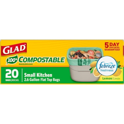 Glad 100% Compostable Bags - Small 10 Litres - Lemon scent, 44 Compost Bags - Small Size - 2.64 gal (10000 mL) Capacity - 16" (406.40 mm) Width x 17" (431.80 mm) Length - White - Waste Disposal, Kitchen - 44 / Box 44/BX  16.3" X 16.5" BIO-DEGRADABLE  ODOUR GUARD