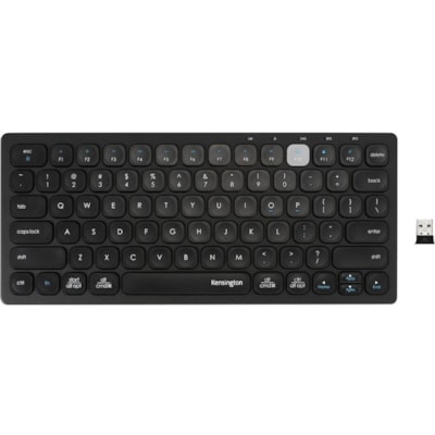 Kensington Multi-Device Dual Wireless Compact Keyboard - Wireless Connectivity - Bluetooth/RF - 2.40 GHz - USB Interface - Multimedia Hot Key(s) - Computer, Tablet, Smartphone - Windows, Mac OS, iOS, ChromeOS - Scissors Keyswitch - AAA Battery Size Supported - Black pact Keyboard - Black 