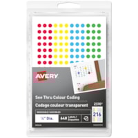 Avery See-Thru Removable Colour-Coding Labels, Assorted Colours, 1/4" Round, Sheet of 216 Labels, Pack of 3 Sheets