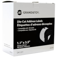 Étiquettes d'adresses découpées DK Grand & Toy, impression noir sur blanc, 1 1/10 po x 3 1/2 po, rouleau de 400 étiquettes, boîte de 1