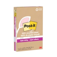Feuillets super collants en papier 100 % recyclé Post-it, collection Wanderlust Pastels, ligné, 4 po x 6 po, bloc de 45 feuilles, emb. de 4