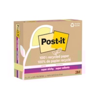 Feuillets super collants Post-it entièrement faits de papier recyclé, jaune canari, 3 po x 5 po, bloc de 70 feuilles, emb. de 12