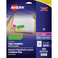 Avery 5979 Étiquettes laser rectangulaires haute visibilité, néon assorti, 2-5/8" x 1", feuille de 30 étiquettes, emb. de 15 feuilles