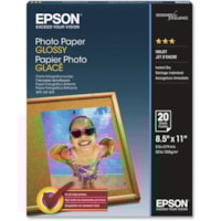Epson - Papier photo fini lustré - 92 Luminosité - format lettre - 8 1/2 po (215,90 mm) x 11 po (279,40 mm) - 52 lb (23586,80 g) Poids de Base - Brillant - Blanc - 20 / emballage