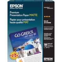 Epson Premium Matte Inkjet Presentation Paper - 97 Brightness - 94% Opacity - Letter - 8 1/2" (215.90 mm) x 11" (279.40 mm) - 44 lb (19958.06 g) Basis Weight - Matte - White - 50 / Box