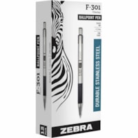 Zebra STEEL 3 Series F-301 Retractable Ballpoint Pen - 0.7 mm (0.03") Fine Pen Point - Refillable - Retractable - Black Ink - Stainless Steel Stainless Steel Barrel - 12 / Box