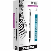 Zebra STEEL 3 Series M-301 Mechanical Pencil - 0.5 mm (0.02") Lead - Refillable - Black Stainless Steel Barrel - 1 Dozen