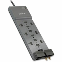 Belkin - Suppresseur/Protecteur de Surtension SurgeMaster - Gris - Angle droit - 12 x Alimentation CA - 1,88 kVA - 3996 J - 125 V CA Entrée - Téléphone/Fax/Modem/DSL, Ethernet, Ligne de câble coaxial - 10 pi (3,05 m)