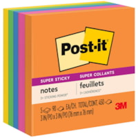 Post-it® Super Sticky Notes - Energy Boost Color Collection - 450 - 3" (76.20 mm) Flag/Note Width x 3" (76.20 mm) Flag/Note Length - Square - 90 Sheets per Pad - Unruled - Vital Orange, Tropical Pink, Sunnyside, Blue Paradise, Limeade - Paper - Self-adhesive - 5 / Pack