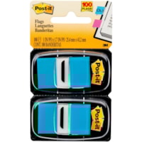 Post-it® Flags - 100 x Bright Blue - 1" (25.40 mm) Flag/Note Width x 1 3/4" (44.45 mm) Flag/Note Length - Rectangle - Blue - Removable, Self-adhesive - Dispenser Included - 100 / Pack