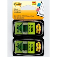 languette Post-it® - largeur de drapeau/note 1 po (25,40 mm) x longueur de drapeau/note 1 3/4 po (44,45 mm) - Flèche, Rectangulaires - Non ligné - Signature et date - Vert - Amovible, Autocollant - Distribluteur inclus - 100 / emballage