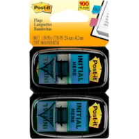 languette Post-it® - 100 - largeur de drapeau/note 1 po (25,40 mm) x longueur de drapeau/note 1 3/4 po (44,45 mm) - Flèche, Rectangulaires - Non ligné - Initiale ici - Bleu - Amovible, Autocollant - Distribluteur inclus - 100 / emballage
