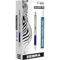 Zebra STEEL 4 Series F-402 Retractable Ballpoint Pen - 0.7 mm (0.03") Fine Pen Point - Refillable - Retractable - Blue Ink - Stainless Steel Barrel - 1 Each