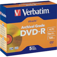 Verbatim DVD-R 4.7GB 16X UltraLife Gold Archival Grade with Branded Surface and Hard Coat - 5pk Jewel Case - 4.7GB - 5 Pack