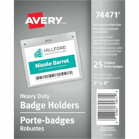 Avery® Horizontal Name Badge Holders, 3" x 4" - Support 3" (76.20 mm) x 4" (101.60 mm) Media - Landscape - Polyvinyl Chloride (PVC) - Clear - Reusable, Durable, Top Loading, Secure, Clip-on, Heavy Duty - 25 / Pack