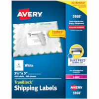 Avery® White Rectangle Labels with Sure Feed(tm) TechnologyTrueBlock® 3-1/2" x 5" , for Laser and Inkjet Printers - 3 1/2" (88.90 mm) Height x 5" (127 mm) Width - Permanent Adhesive - Rectangle - Laser - Matte - White - Paper - 4 / Sheet - 100 Total Sheets - 400 Total Label(s) - Permanent