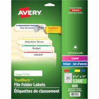 Avery® Filing Labelswith TrueBlock(tm) Technology for Laser and Inkjet Printers, 2/3" x 3-7/16" , Assorted Colours, 600/pk - 2/3" (16.92 mm) Height x 3 7/16" (87.31 mm) Width - Permanent Adhesive - Rectangle - Laser, Inkjet - Assorted, Blue, Red, Yellow, Green, White - Paper - 30 / Sheet - 25