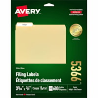 Avery® Filing Labelswith TrueBlock(tm) Technology for Laser and Inkjet Printers, 3-7/16" x 2/3" , White - 2/3" (16.92 mm) Height x 3 7/16" (87.30 mm) Width - Permanent Adhesive - Rectangle - Laser, Inkjet - White - Paper - 30 / Sheet - 600 Total Label(s) - 600 / Pack