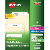 Avery® Filing Labelswith TrueBlock(tm) Technology for Laser and Inkjet Printers, 2/3" x 3-7/16" , White - 21/32" (16.76 mm) Width x 3 7/16" (87.12 mm) Length - Removable Adhesive - Rectangle - Inkjet - White - Self-adhesive - 1500 / Box