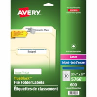 Étiquette pour classeur TrueBlock Avery® - hauteur de 2/3 po (16,92 mm) x largeur de 3 7/16 po (87,30 mm) - Permanent Adhésif - Rectangulaires - Laser, Jet d'encre - Bleu, Blanc - Papier - 30 / Feuille - 600 Total d'étiquette(s) - 600 / emballage