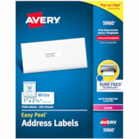 Avery® White Rectangle Labels with Sure Feed(tm) TechnologyEasy Peel®, 1" x 2-5/8" , for Laser and Inkjet Printers - 1" (25.40 mm) Height x 2 5/8" (66.68 mm) Width - Permanent Adhesive - Rectangle - Laser - Matte - White - Paper - 30 / Sheet - 250 Total Sheets - 7500 Total Label(s) - Perm