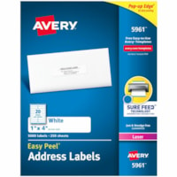 Avery® White Rectangle Labels with Sure Feed(tm) TechnologyEasy Peel®, 1" x 4" , for Laser and Inkjet Printers - 1" (25.40 mm) Height x 4" (101.60 mm) Width - Permanent Adhesive - Rectangle - Laser - Matte - White - Paper - 20 / Sheet - 250 Total Sheets - 5000 Total Label(s) - Permanent A