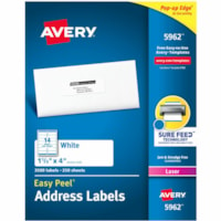 Avery® White Rectangle Labels with Sure Feed(tm) TechnologyEasy Peel®, 1-1/3" x 4" , Permanent Adhesive, for Laser and Inkjet Printers - 1 21/64" (33.78 mm) Height x 4" (101.60 mm) Width - Permanent Adhesive - Rectangle - Laser - Matte - White - Paper - 14 / Sheet - 250 Total Sheets - 350