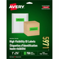 Avery® High Visibility Neon ID Labels for Laser and Inkjet Printers, 1" x 2?" , Neon Green - 1" (25.40 mm) Height x 2 5/8" (66.68 mm) Width - Permanent Adhesive - Rectangle - Laser - Neon Green - Paper - 30 / Sheet - 25 Total Sheets - 750 Total Label(s) - 750 / Pack