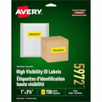 Avery® High Visibility Neon ID Labelsfor Laser and Inkjet Printers, 1" x 2-5/8" , Neon Yellow - 1" (25.40 mm) Height x 2 5/8" (66.68 mm) Width - Permanent Adhesive - Rectangle - Laser - Neon Yellow - Paper - 30 / Sheet - 25 Total Sheets - 750 Total Label(s) - 750 / Pack