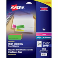 Avery® High Visibility Neon ID Labelsfor Laser and Inkjet Printers, 1" x 2-5/8" , Assorted Colours - 1" (25.40 mm) Height x 2 5/8" (66.68 mm) Width - Permanent Adhesive - Rectangle - Laser - Neon Magenta, Neon Green, Neon Yellow - Paper - 30 / Sheet - 15 Total Sheets - 450 Total Label(s) - 450 /