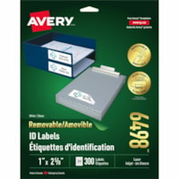 Avery® Removable ID Labelsfor Laser and Inkjet Printers, 2-5/8" x 1" - 1" (25.40 mm) Width x 2 5/8" (66.68 mm) Length - Removable Adhesive - Rectangle - Laser - White - 300 / Pack