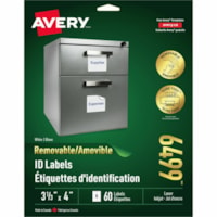 Avery® Removable ID Labelsfor Laser and Inkjet Printers, 4" x 3-1/3" - 4" (101.60 mm) Width x 3 1/3" (84.67 mm) Length - Removable Adhesive - Rectangle - Laser - White - 60 / Pack