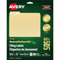 Avery® Removable Filing Labelsfor Laser and Inkjet Printers, 3-7/16" x 2/3" - 3 7/16" (87.31 mm) Width x 2/3" (16.93 mm) Length - Removable Adhesive - Rectangle - Laser - White - 300 / Pack