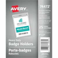 Avery® Vertical Name Badge Holders, 4" x 3" - Support 4" (101.60 mm) x 3" (76.20 mm) Media - Portrait - 3.88" (98.43 mm) Height x 2.63" (66.68 mm) Width x 0.50" (12.70 mm) Depth - Polyvinyl Chloride (PVC) - Clear - Reusable, Durable, Top Loading, Secure, Heavy Duty - 25 / Pack