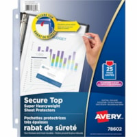 Avery® Diamond Clear Secure Top Sheet Protectors, 25/pk - For Letter 8 1/2" (215.90 mm) x 11" (279.40 mm) Sheet - Ring Binder - Rectangular - Clear - Polypropylene - 25 / Pack