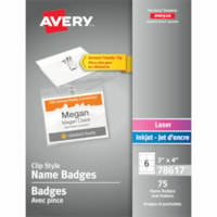 Avery® Garment Friendly Clip Style Name Badge Kitfor Laser and Inkjet Printers, 4" x 3" - 75 / Box