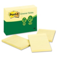 3M Recycled Ruled Notes - 4" (101.60 mm) Flag/Note Width x 6" (152.40 mm) Flag/Note Length - Rectangle - Ruled - Yellow - Removable - Recycled - 12 / Pack