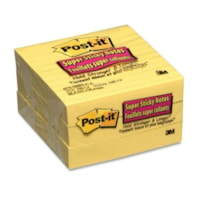 Feuillet adhésif Super Sticky Post-it® - largeur de drapeau/note 4 po (101,60 mm) x longueur de drapeau/note 4 po (101,60 mm) - Carré - Avec ligne - Jaune canari - 3 / emballage